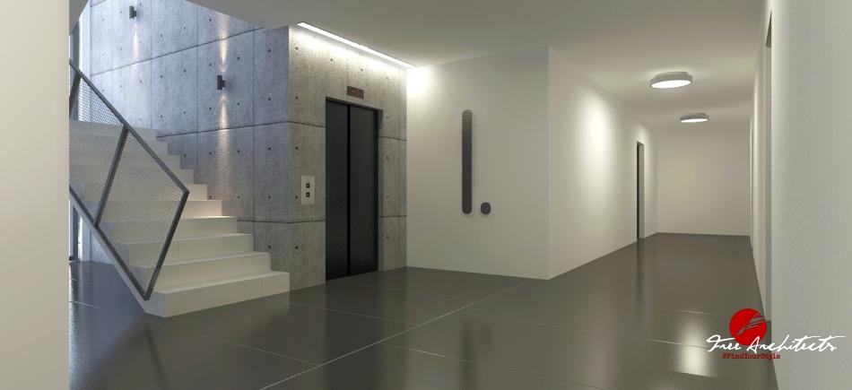 Interior design of public areas at apartment residential building Neocity Group V Zahradach Prague 2014-2020