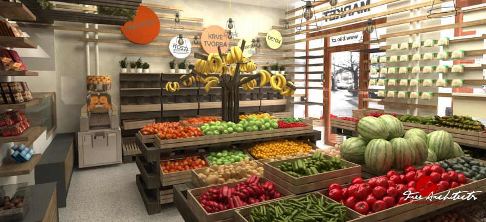 BIIO gurmánské speciality a farmářský krámek Praha 10 Vršovice design a realizace obchodu 50m2 - vizualizace