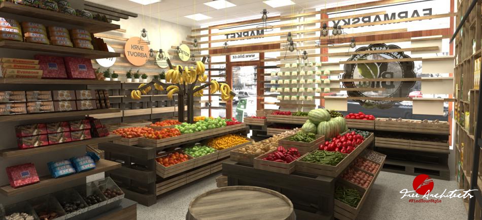 BIIO gurmánské speciality a farmářský krámek Praha 10 Vršovice design a realizace obchodu 50m2 - vizualizace