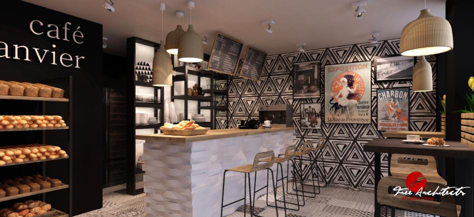 Návrh a design interiéru obchodní jednotky pekárny s kavárnou Janvier pro developerský projekt Byty Vítkov Praha 2014