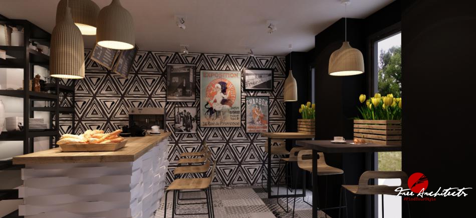 Návrh a design interiéru obchodní jednotky pekárny s kavárnou Janvier pro developerský projekt Byty Vítkov Praha 2014